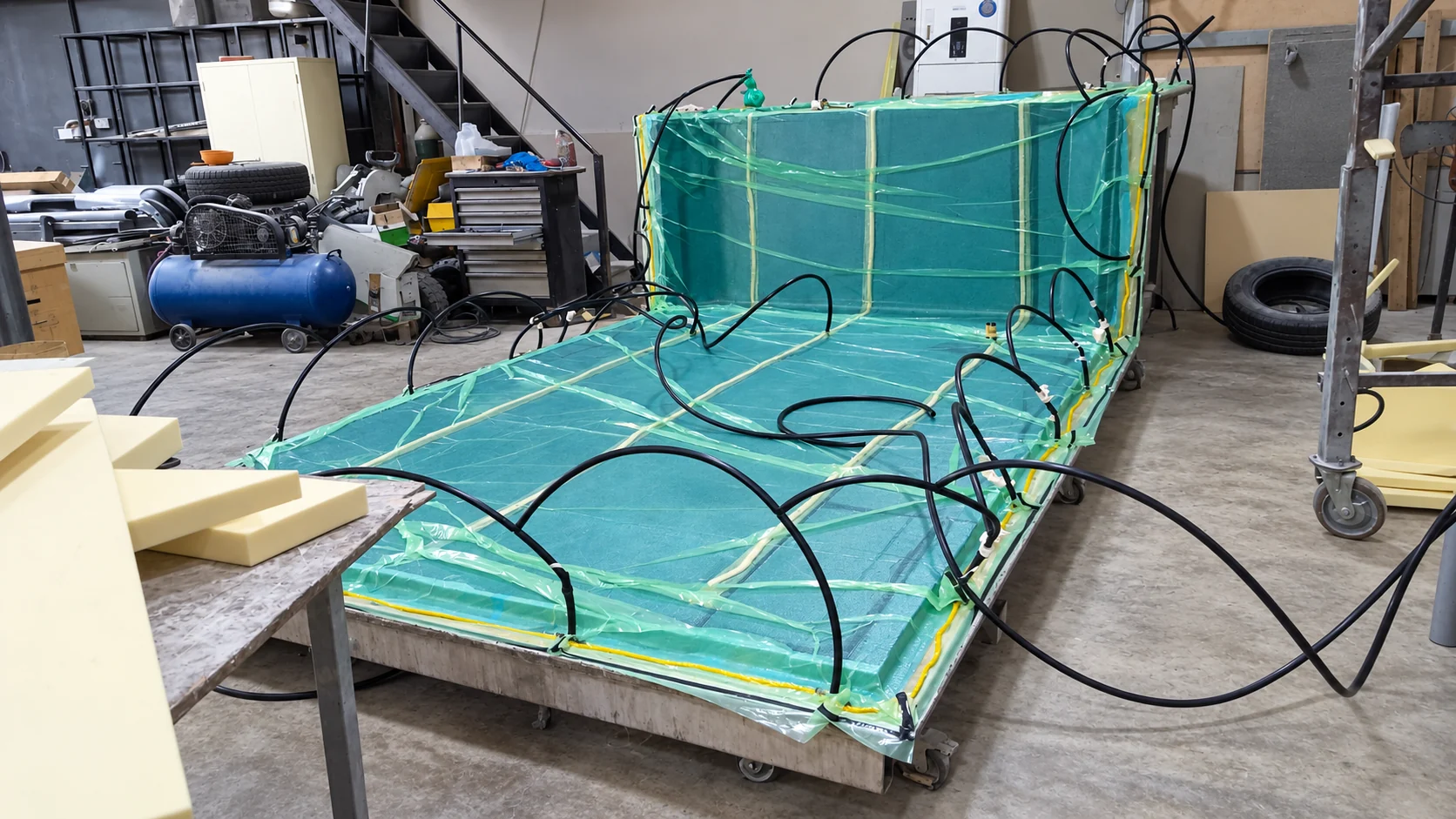 Composite assembly under vacuum bagging.