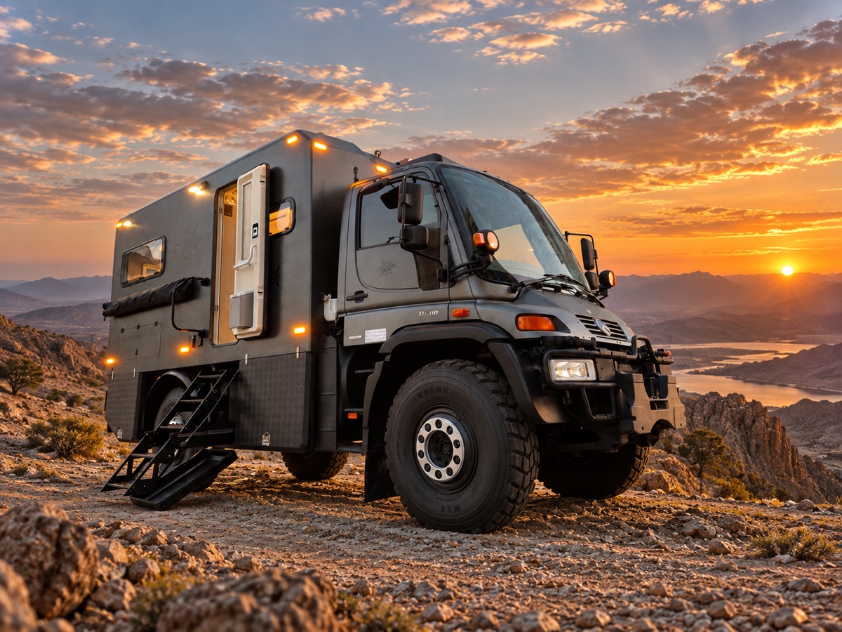XC Atlas expedition camper on rocky terrain at sunset