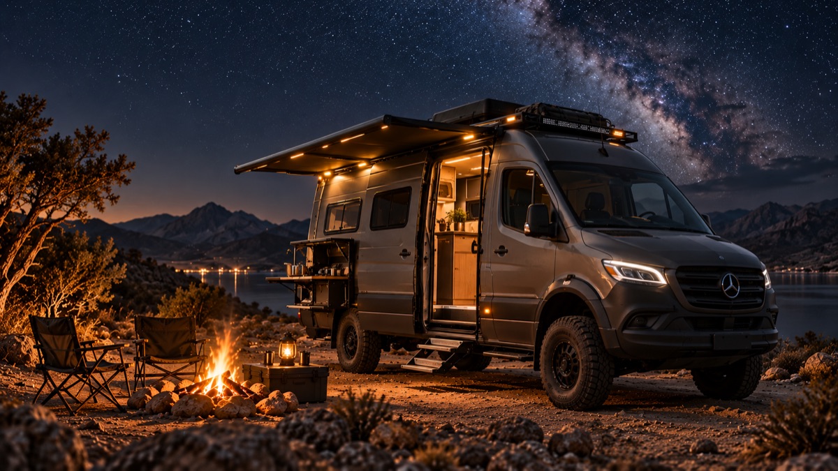 XC Nomad camper van at a mountain campsite beneath a starry sky