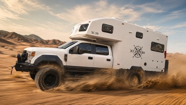 XC Terra pickup camper crossing golden desert dunes